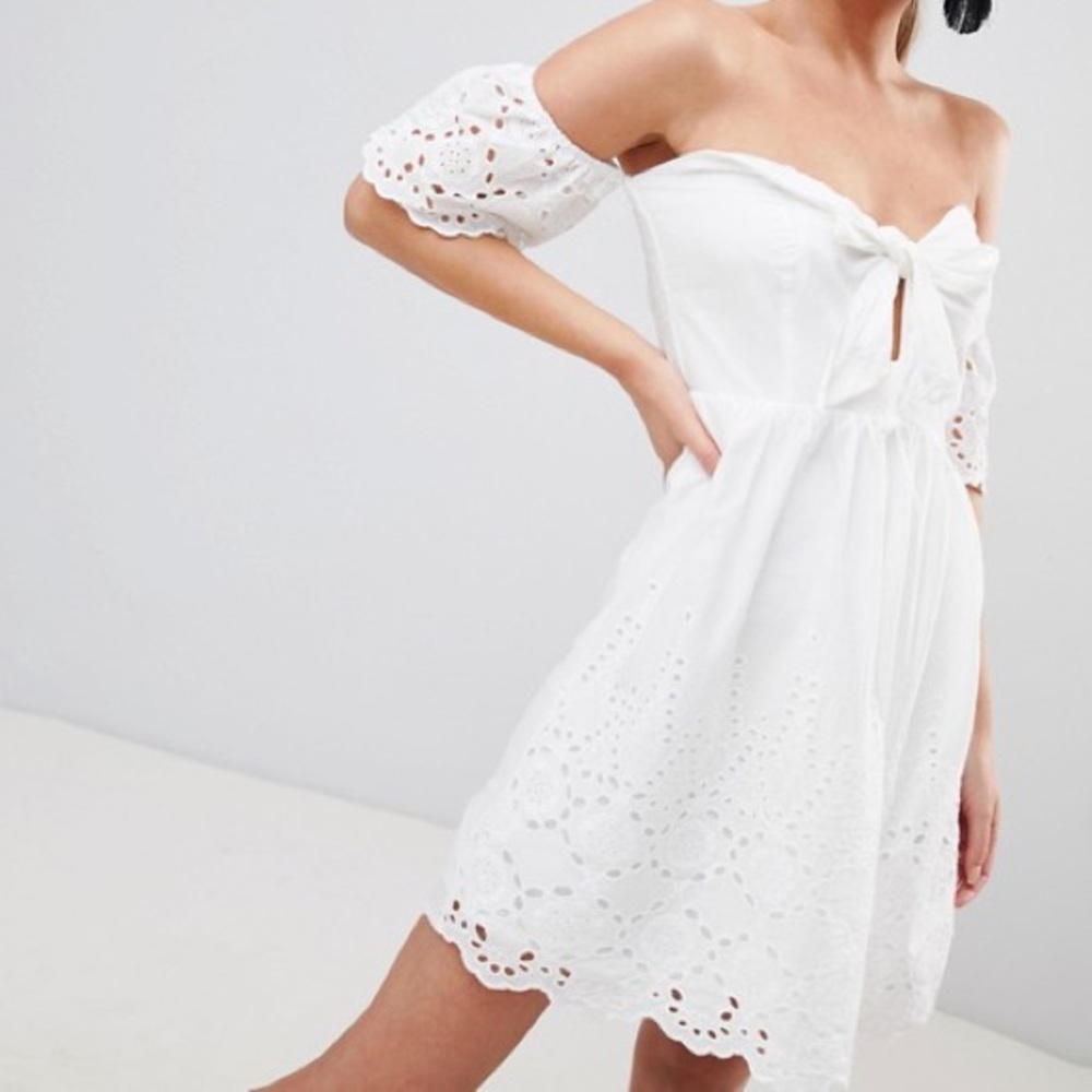 Parisian off shoulder broderie dress with bow
